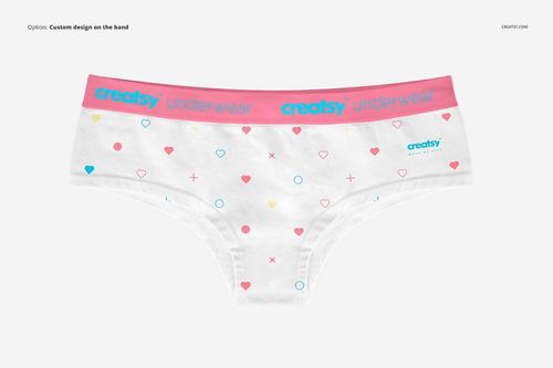Women's briefs mockup featuring a top view of white underwear with pink band and multicolored shapes.