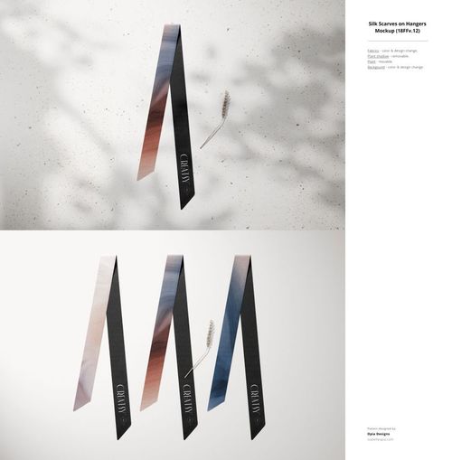 PSD mockup showing fabric samples in varying colors, positioned vertically with a small dried stem as a prop.