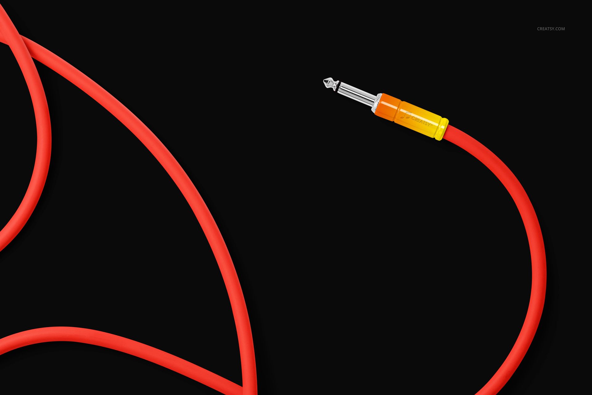 PSD mockup showing a single vibrant jack cable with a bright connector, positioned against a solid black backdrop.