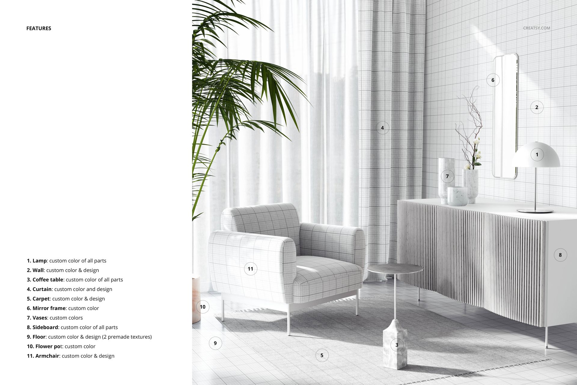 Mid-century modern interior mockup with a white grid-pattern armchair, sideboard, and lamp in a bright room.