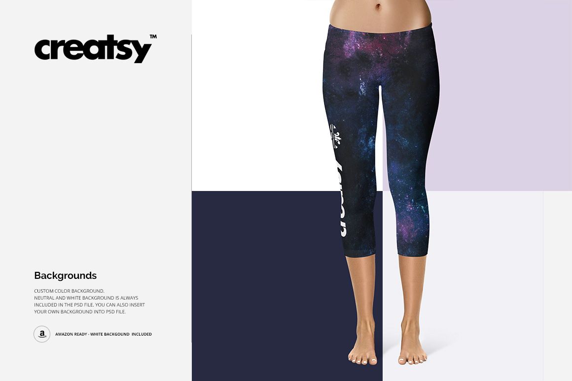 Front view of short leggings mockup with a galaxy-themed print, shown on a neutral background with bare feet visible.