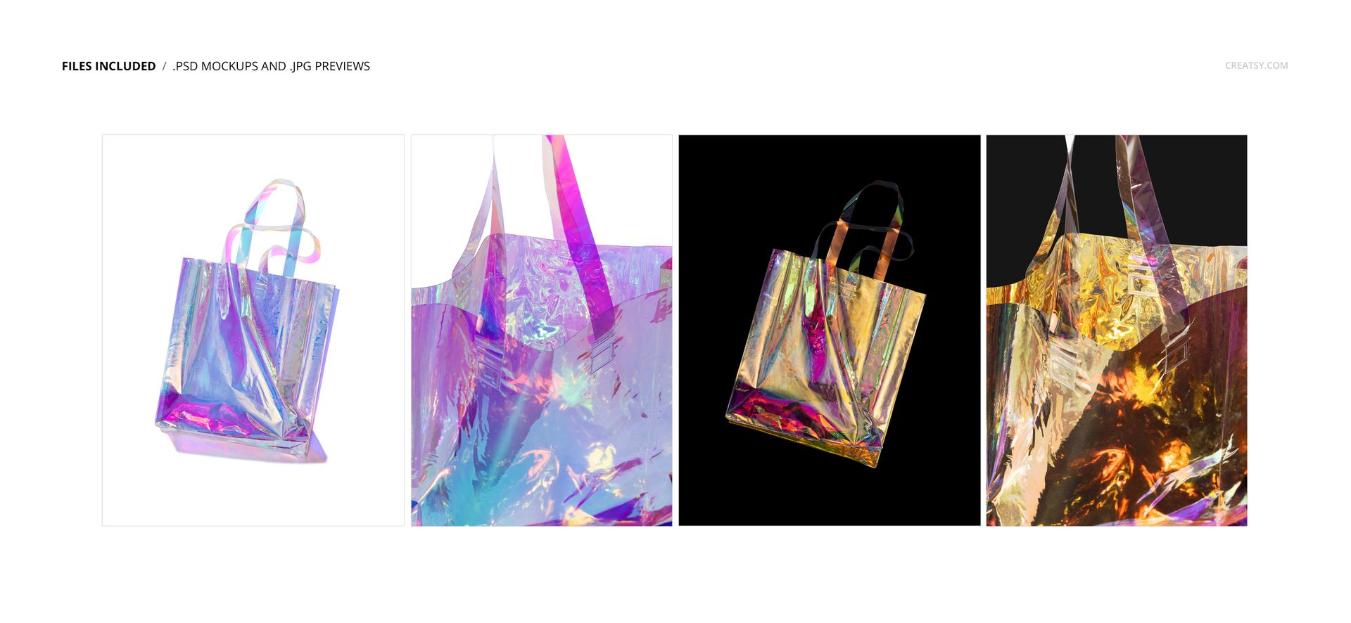 Holographic tote bags shown in four mockup scenes, featuring silver and gold iridescent finishes with reflective surfaces.