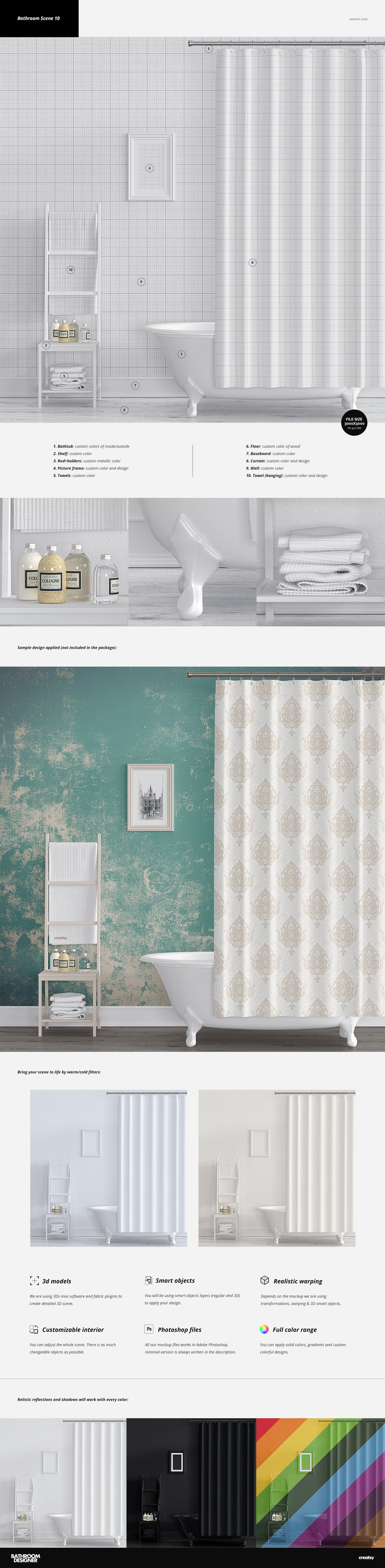 Bathroom mockup bundle featuring various shower curtains, bathtubs, and shelving units in different styled interiors.
