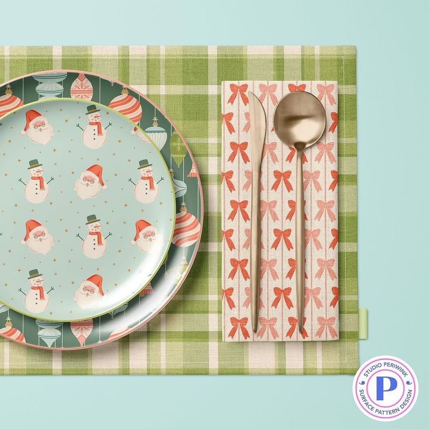 Placemat mockup featuring a green plaid mat with a matching plate and napkin, decorated with festive holiday patterns.