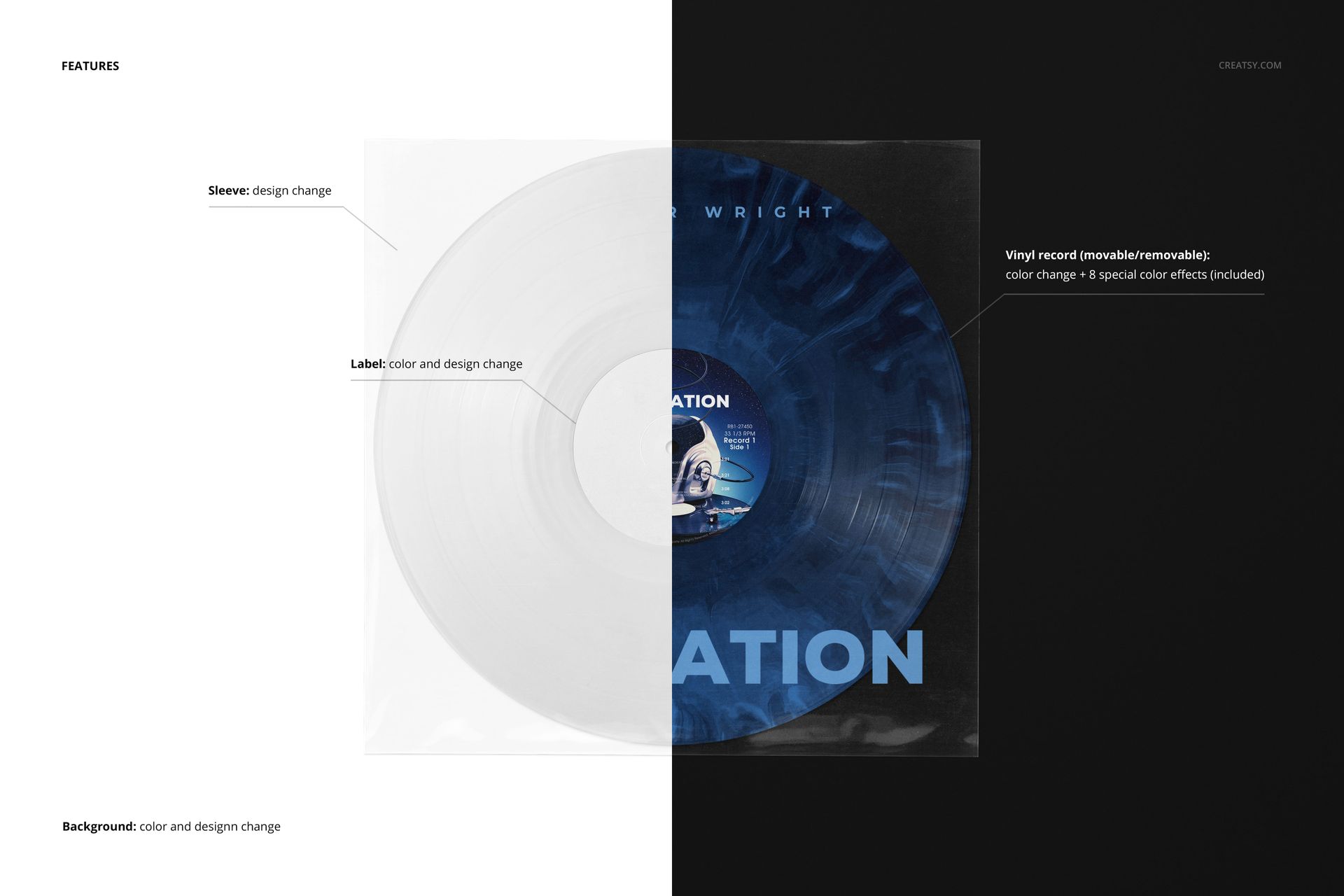 Transparent clear vinyl record sleeve mockup displaying a blue marbled vinyl record, shown from a top view.