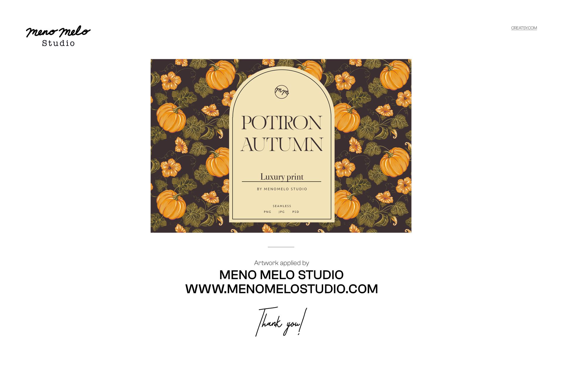 Front view of a fabric pumpkin mockup featuring orange pumpkins and green leaves on a dark background pattern.