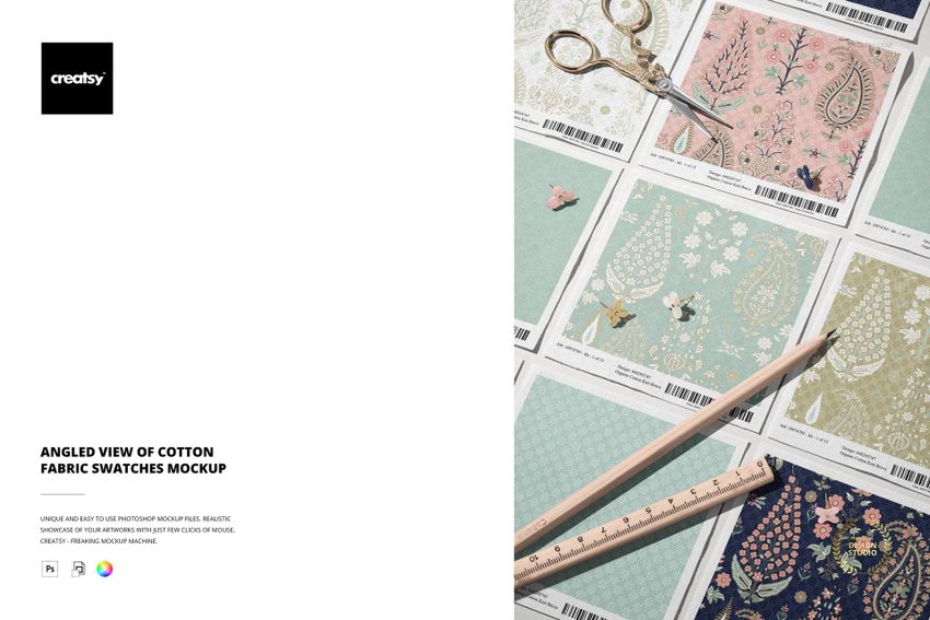 PSD mockup of assorted cotton fabric swatches arranged diagonally, including stationery props and intricate printed motifs.