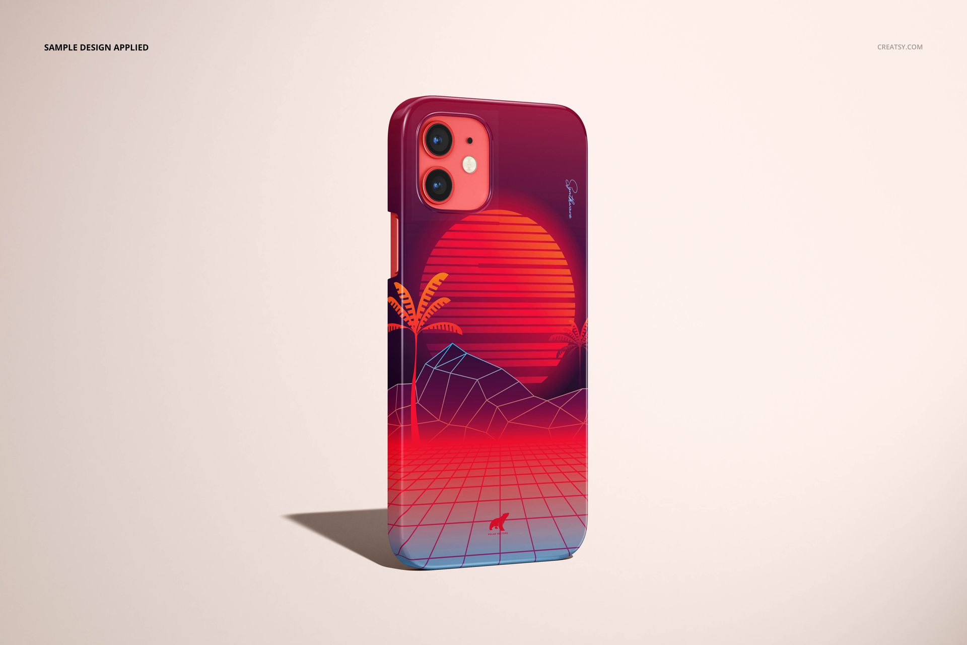 iPhone 12 case mockup featuring a glossy finish and a colorful geometric sunset illustration, front angled view.
