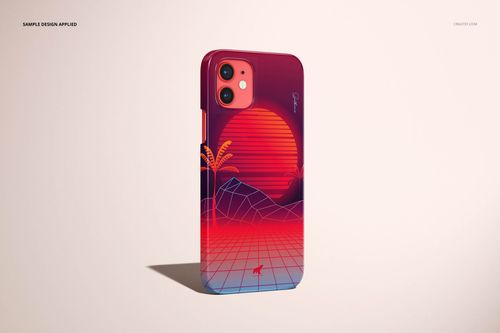 iPhone 12 case mockup featuring a glossy finish and a colorful geometric sunset illustration, front angled view.