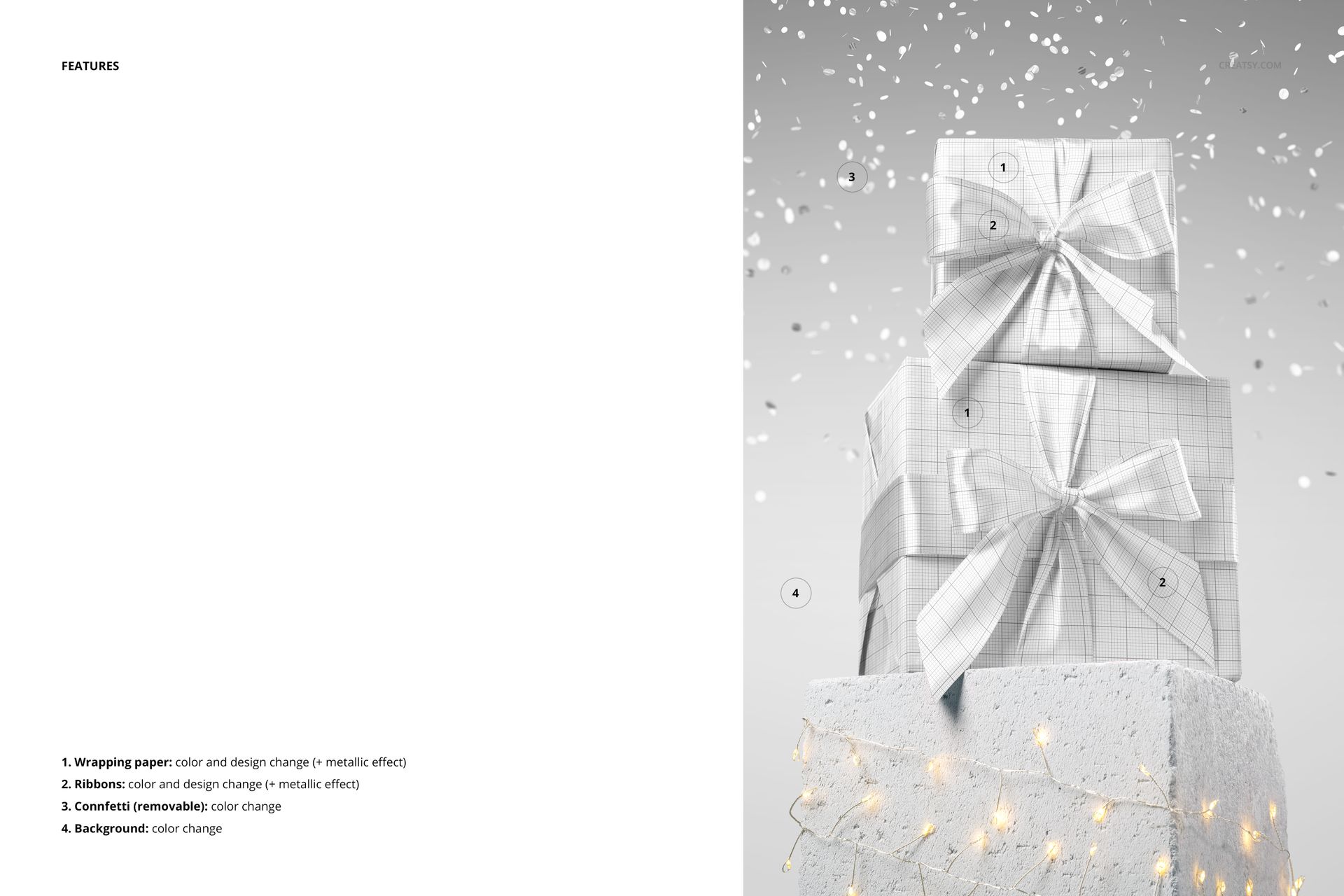 PSD mockup showing two wrapped Christmas gifts with metallic bows on a pedestal, surrounded by falling confetti.