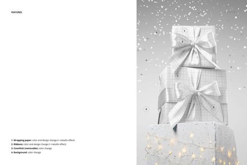 PSD mockup showing two wrapped Christmas gifts with metallic bows on a pedestal, surrounded by falling confetti.