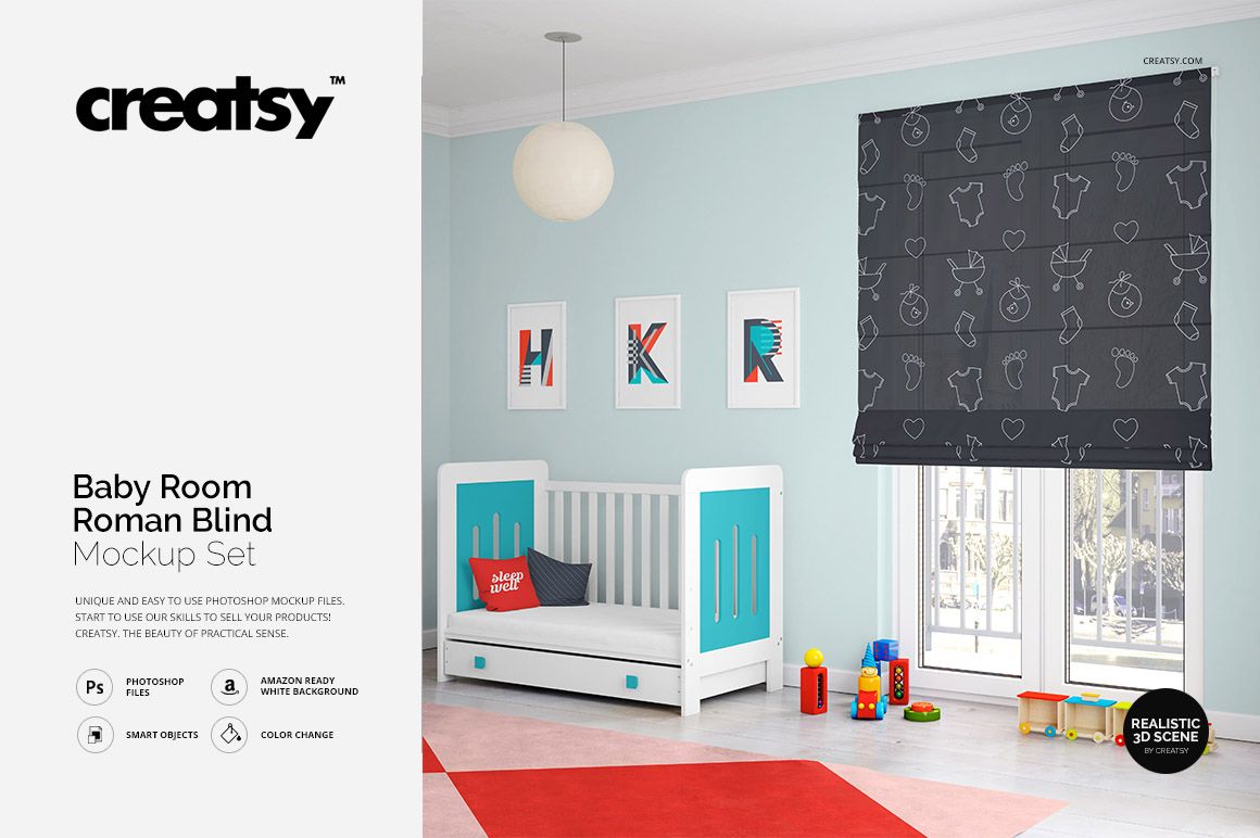 Roman blind PSD mockup displayed in a nursery scene with a crib, wall art, and soft blue and white color palette.