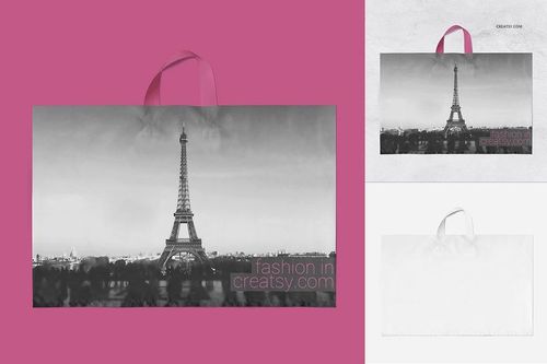 Plastic bags mockup set showing three bags with handles, each with a Paris cityscape design in black and white.