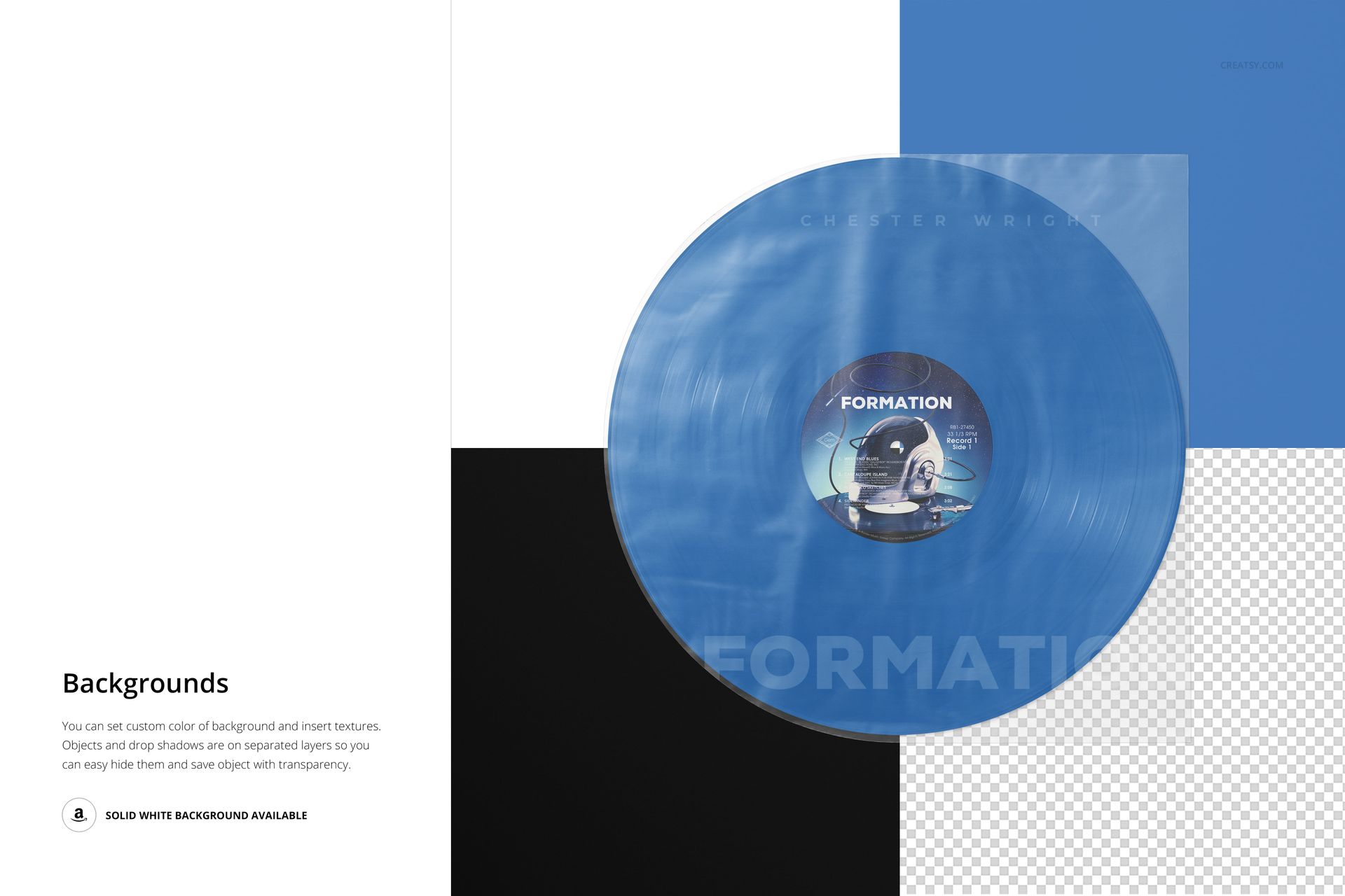 PSD mockup showing a blue vinyl record in a round bottom sleeve, set against a four-section background with varied colors.