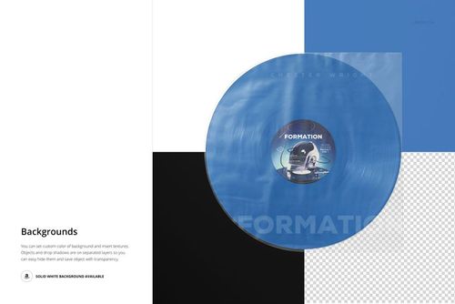 PSD mockup showing a blue vinyl record in a round bottom sleeve, set against a four-section background with varied colors.