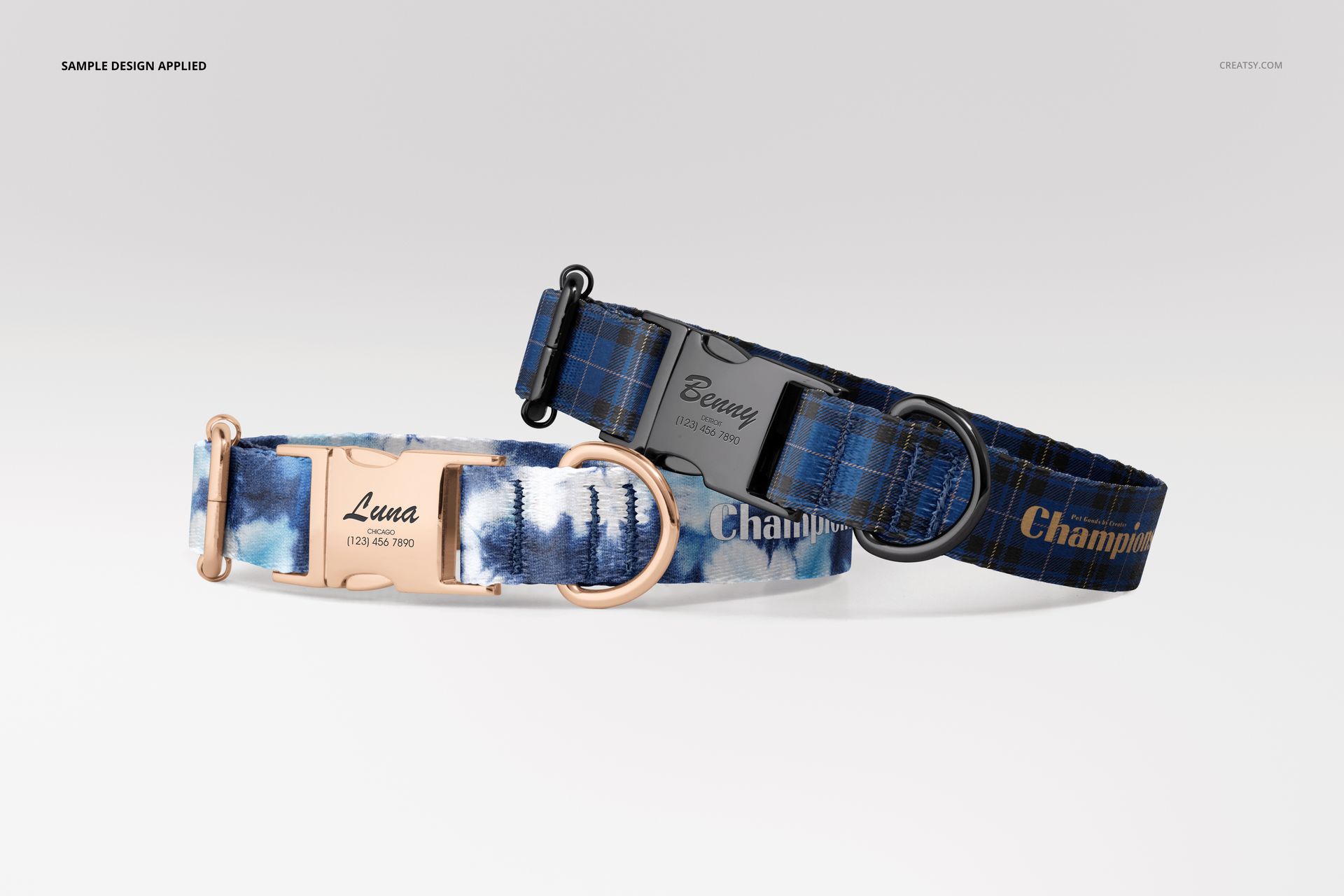 Dog collar PSD mockup featuring two collars in blue tones, one with a nature-inspired pattern and one with a plaid print.