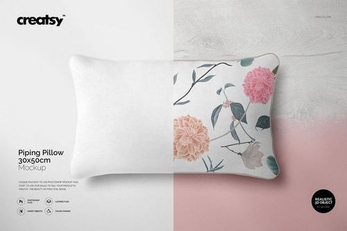 Rectangular piping pillow mockup with floral print on white fabric, shown from front view on split background.