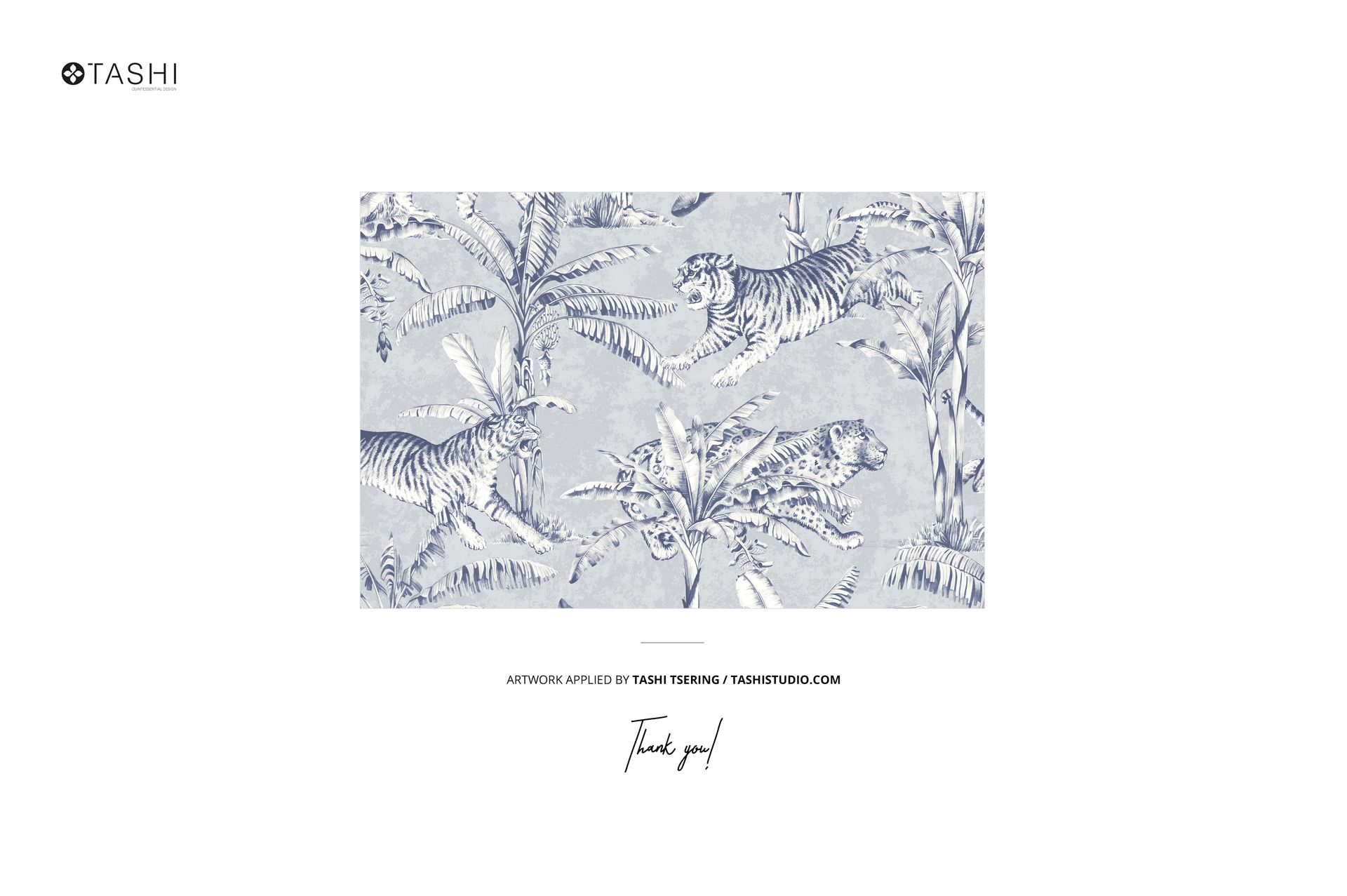 Wallpaper mockup featuring a rectangular panel with a blue and white floral and tiger pattern, shown from the front.
