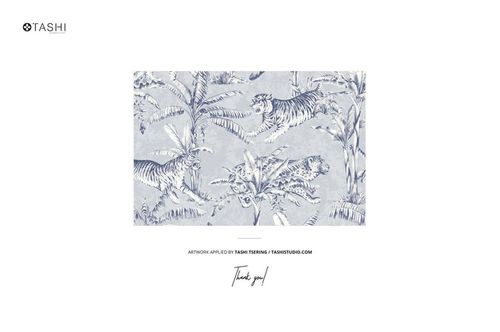 Wallpaper mockup featuring a rectangular panel with a blue and white floral and tiger pattern, shown from the front.