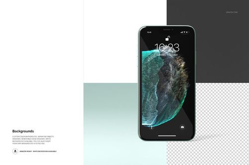 iPhone 11 mockup in green color shown from the front, with a custom wallpaper and a minimalist, divided backdrop.