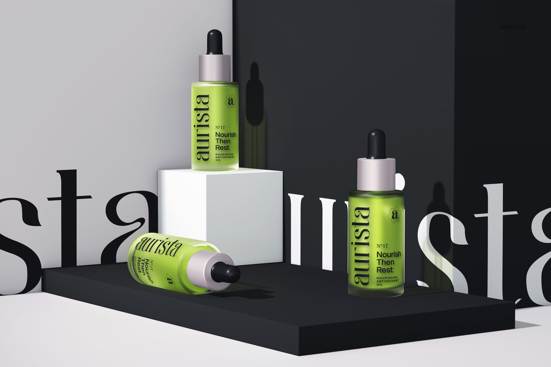PSD mockup featuring green dropper bottles with black tops, styled on minimalist white and black stands.
