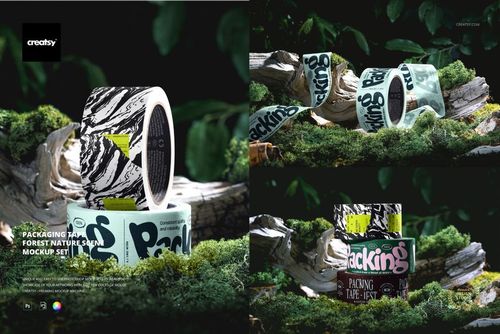 Packaging tape rolls with various graphic designs displayed on moss and wood in a forest nature scene mockup.