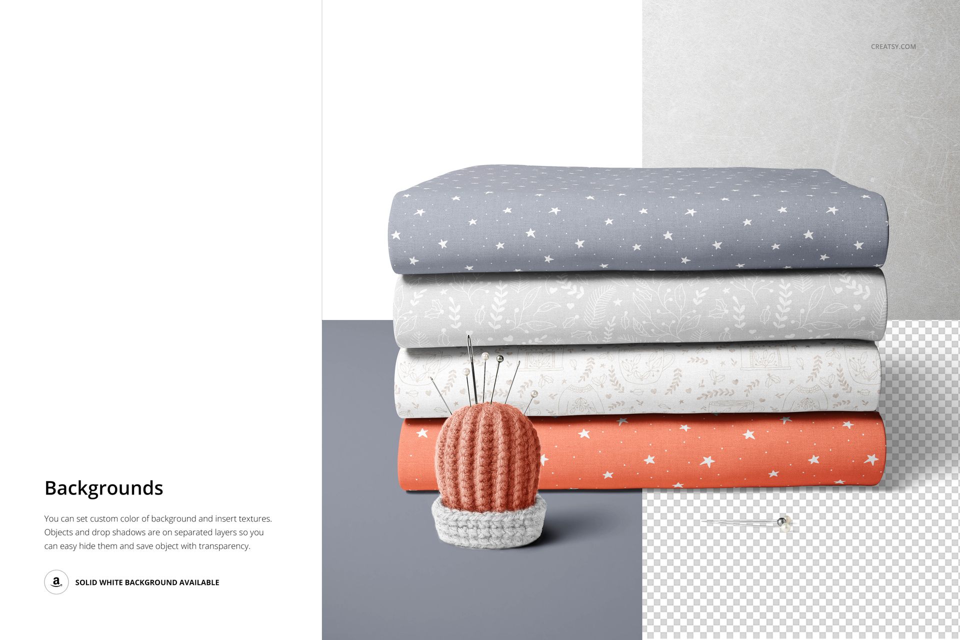 Stack of folded fabrics in gray, white, beige, and orange with subtle patterns, shown in a front view mockup scene.