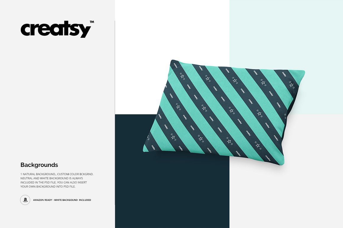 Pet pillow mockup featuring a striped design in teal and navy with paw prints, shown from a top angle on mixed backgrounds.