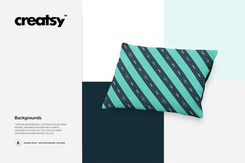Pet pillow mockup featuring a striped design in teal and navy with paw prints, shown from a top angle on mixed backgrounds.