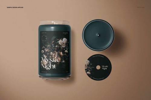 Glass candle mockup set showing a cylindrical candle with floral artwork, lid, and top view on a neutral surface.