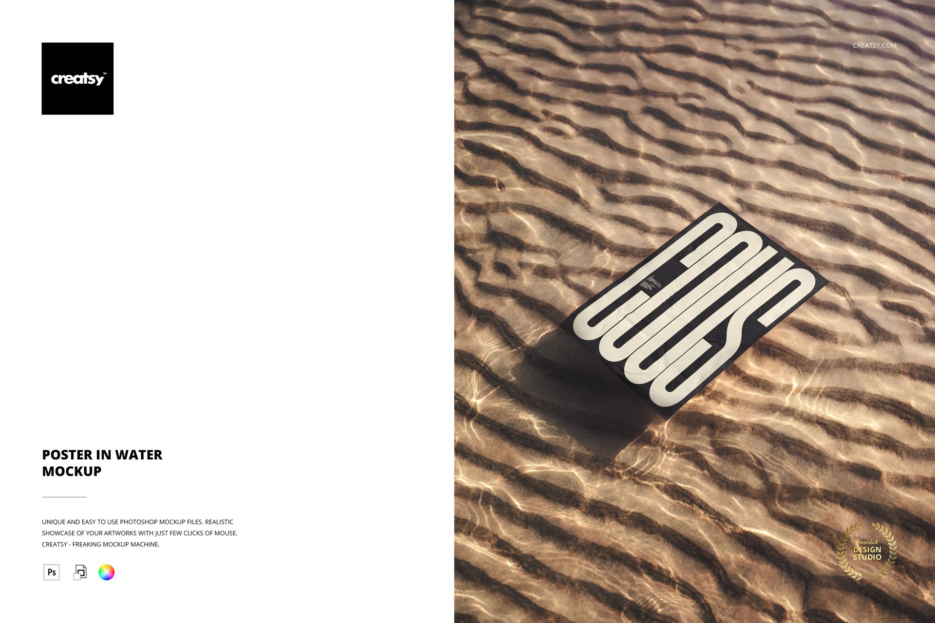 Poster mockup placed on textured sandy water, top-down perspective with dramatic lighting and visible ripples.
