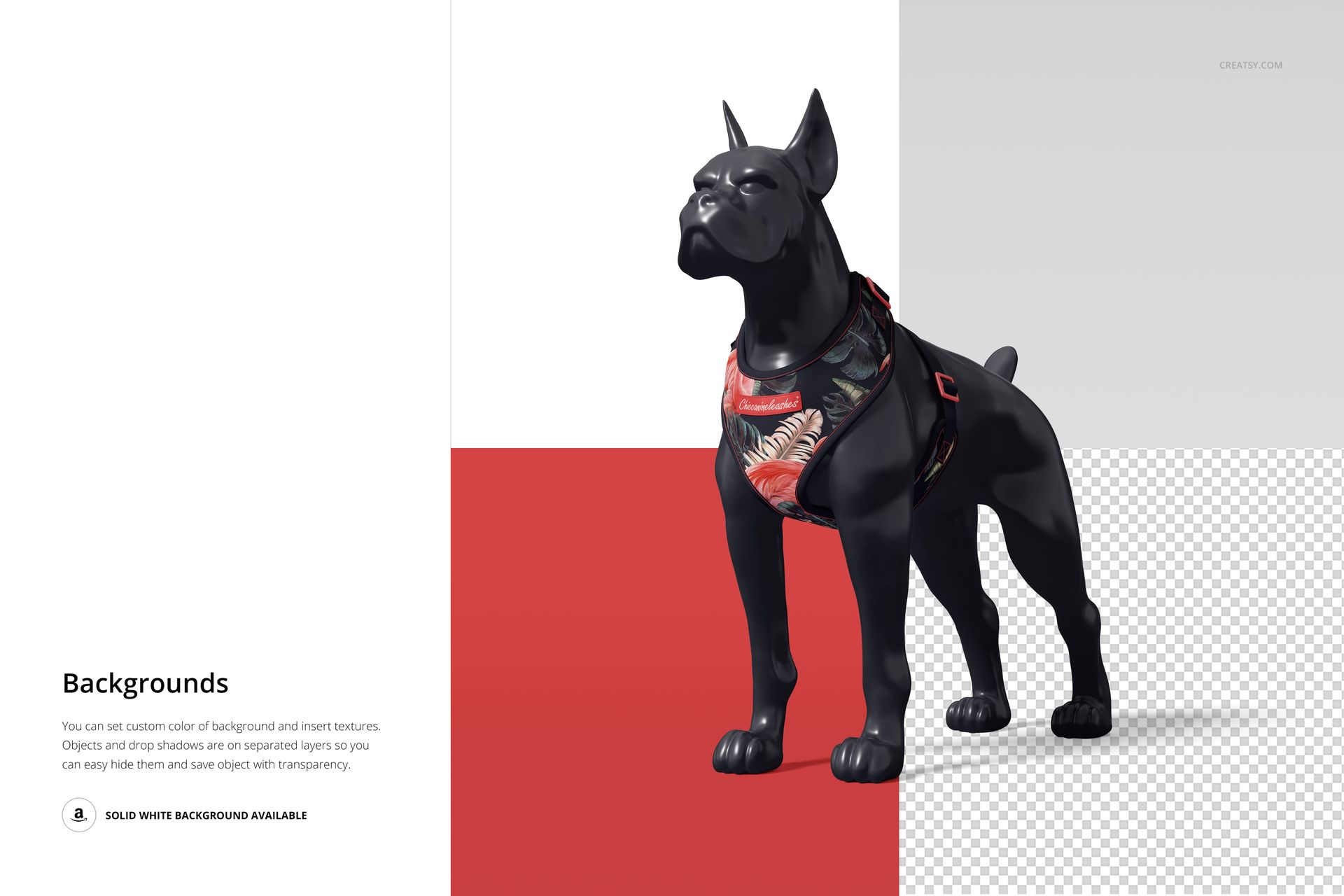 Dog mannequin with a harness featuring a floral design, shown in a PSD mockup with customizable background colors.