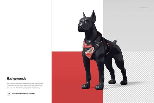 Dog mannequin with a harness featuring a floral design, shown in a PSD mockup with customizable background colors.
