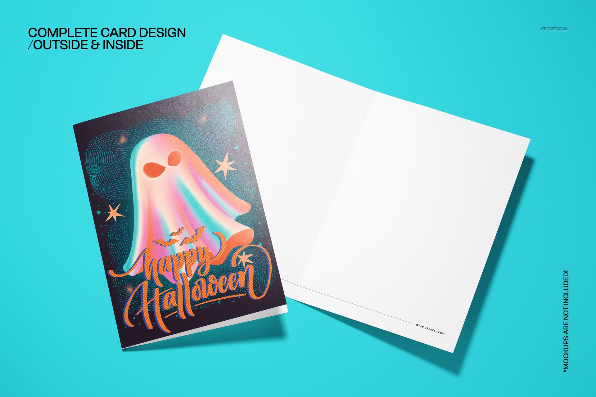 Halloween card mockup showing a cosmic spirit ghost design and orange lettering, displayed on a blue surface.