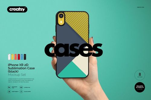 Mockup of a black iPhone XR case with abstract geometric design, displayed in a hand on a solid teal background.