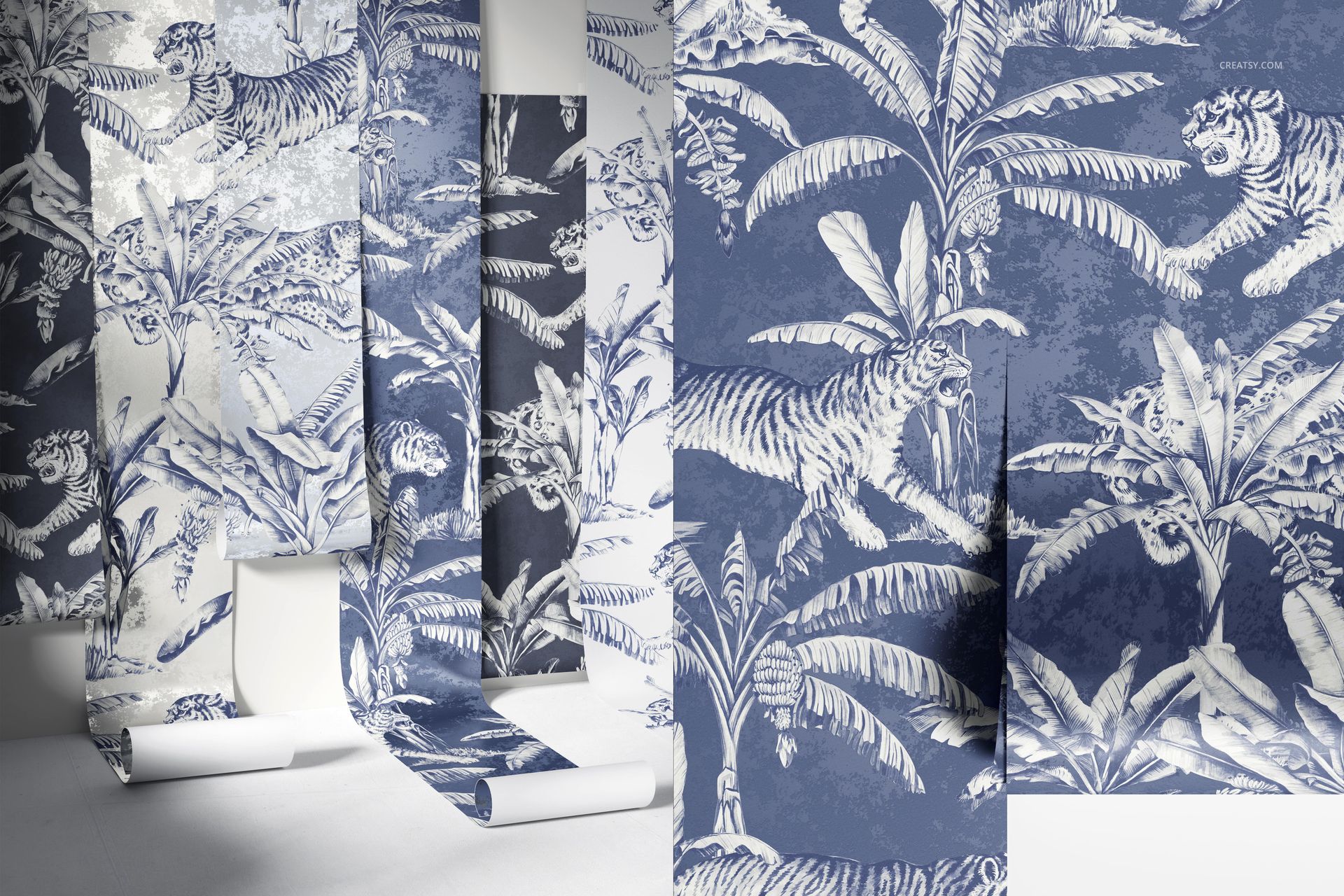 Front view of paper wallpaper mockup featuring a blue and white tropical jungle pattern with tigers and palm leaves.