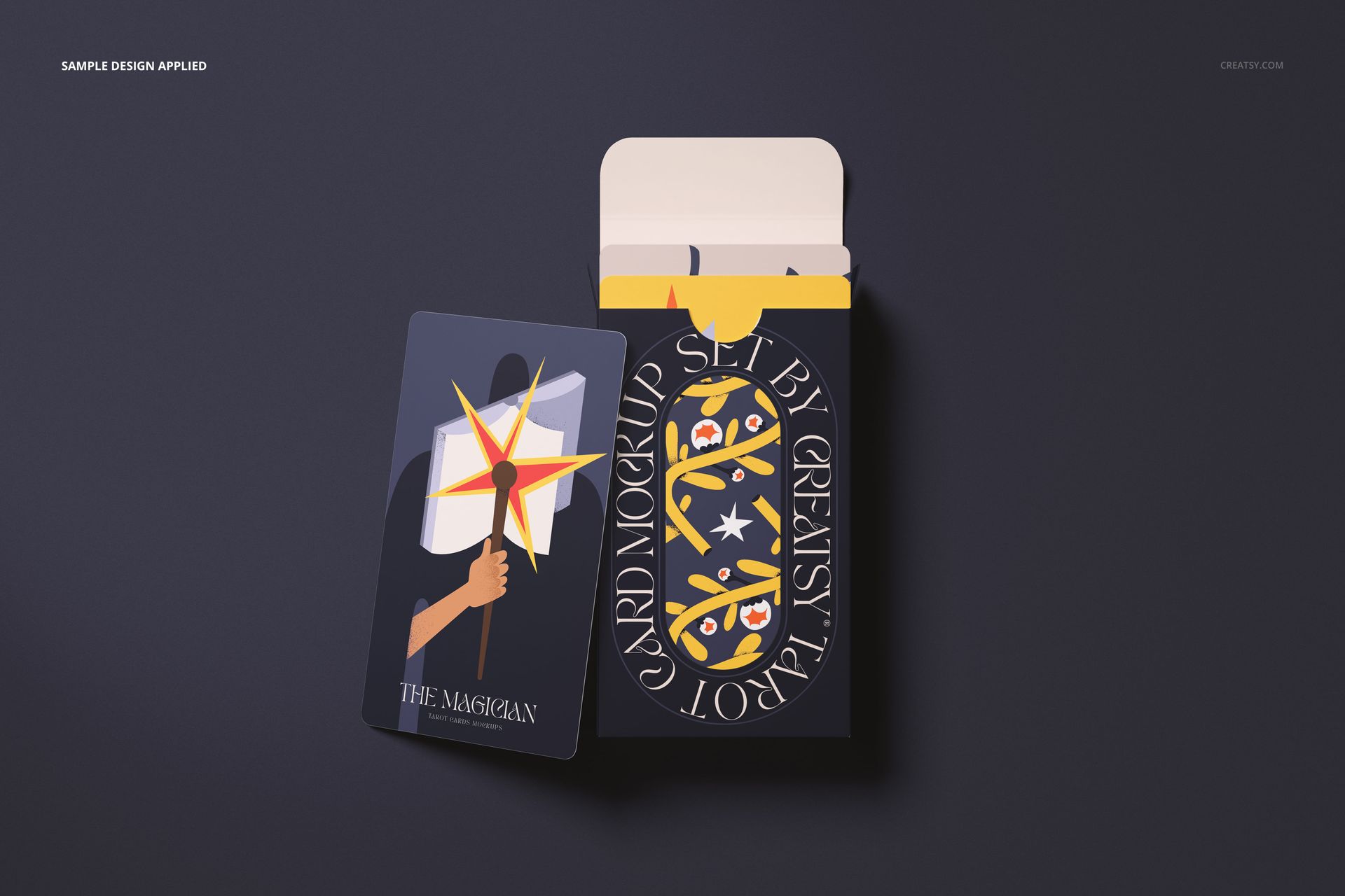 Tarot card mockup set showing a card with a stylized illustration next to a matching box, viewed from above.