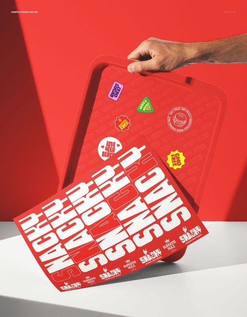 Hand holding a red fast food tray decorated with stickers and large white letters, presented in a PSD mockup scene.