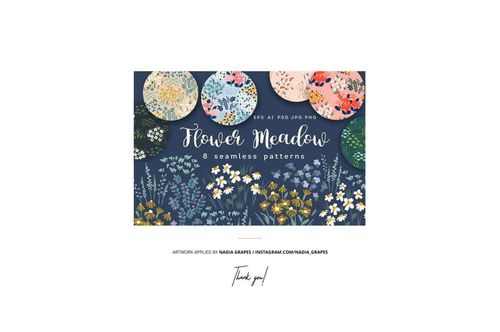 PSD mockup showing floral jersey fabric swatches, sewing tools, and assorted flowers arranged on a blue surface.