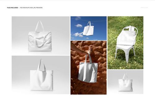 Large poly canvas tote bag mockup set showing white tote bags from different angles and outdoor scenes.