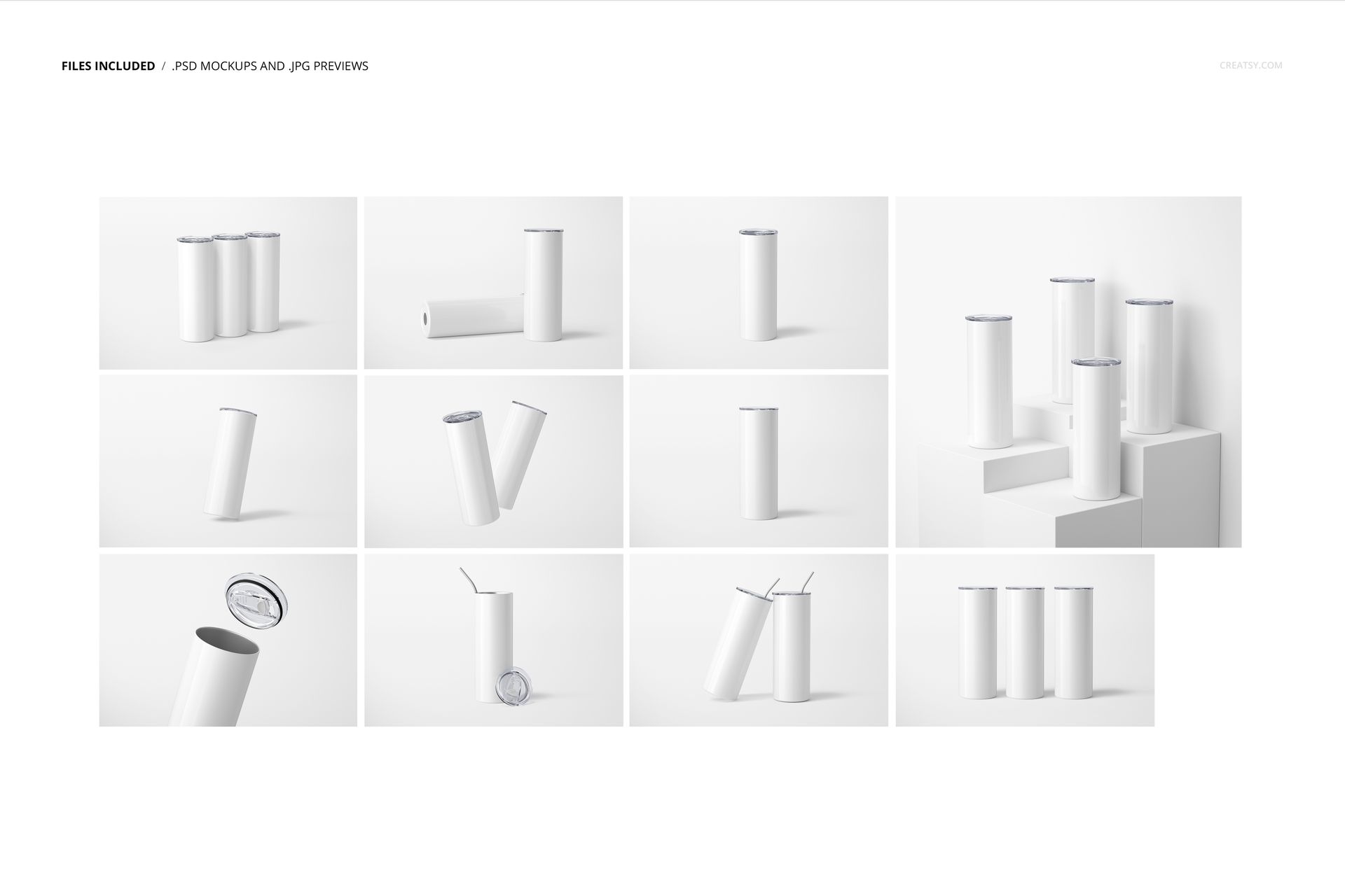 Set of eleven 20oz skinny tumblers shown in various arrangements and angles on a plain white background.