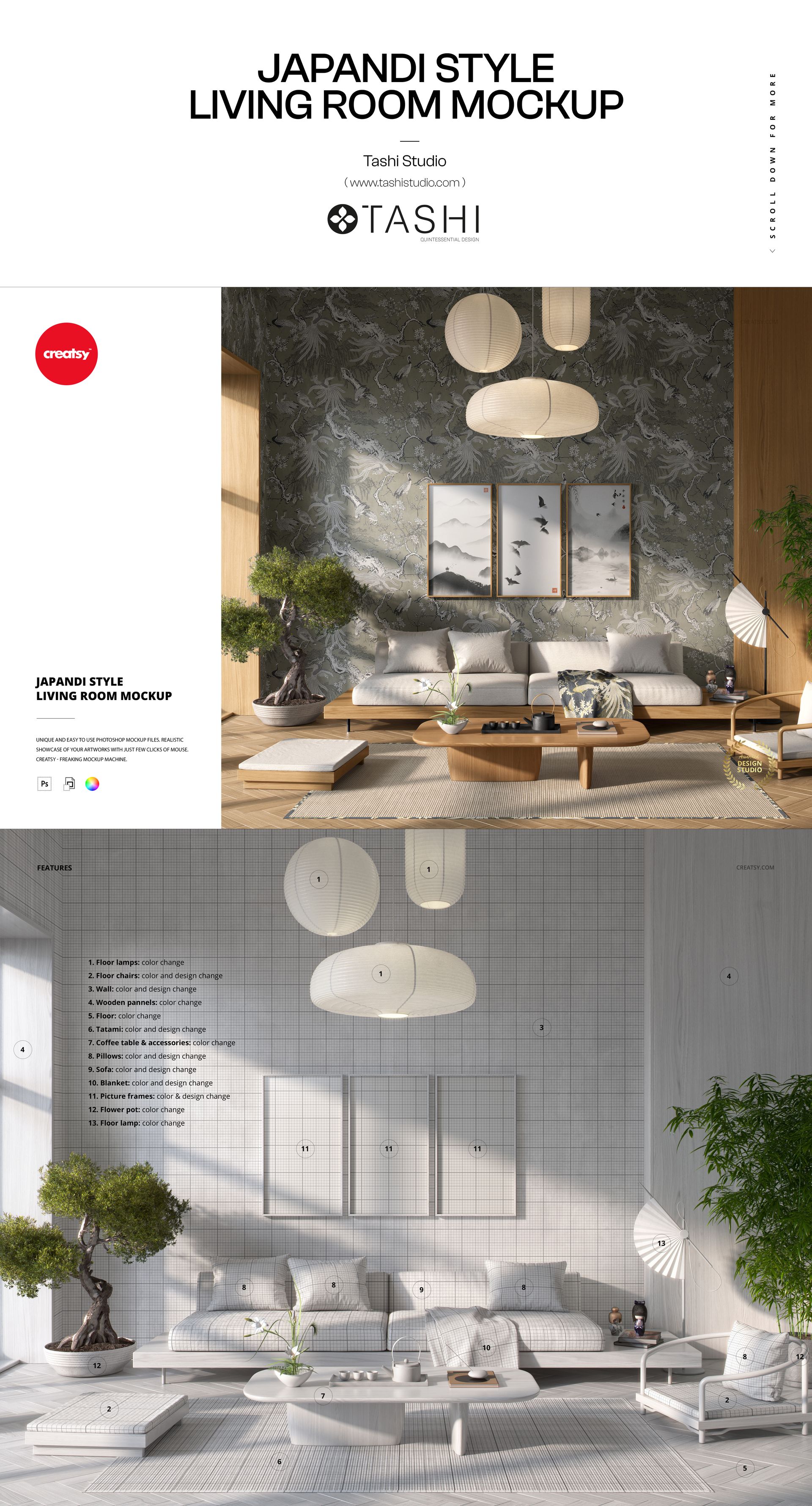 Modern living room with sofa, coffee table, and decorative wallpaper, shown in a Japandi style PSD mockup.