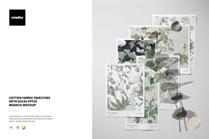 Cotton Fabric Swatches with Eucalyptus Branch Mockup - mockup screenshot 1
