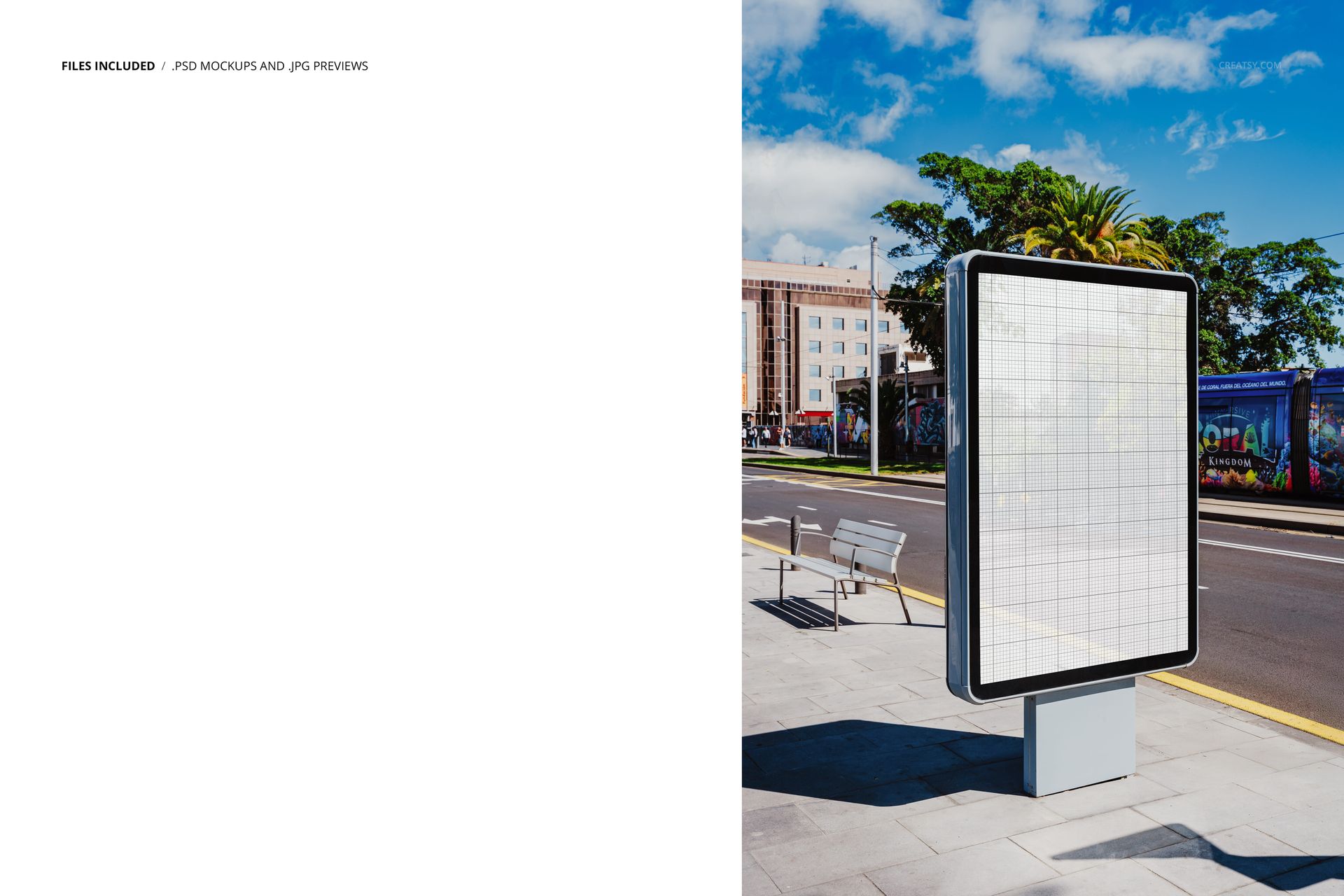 Outdoor billboard poster mockup with a blank grid design, shown from a front angle on a city sidewalk with benches and trees.