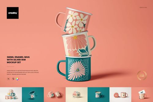 PSD mockup set displaying enamel mugs with silver rims and vibrant floral artwork, placed on a pastel peach surface.