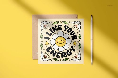 Square folded greeting card mockup featuring a cheerful daisy illustration and bold text, shown on a yellow background.