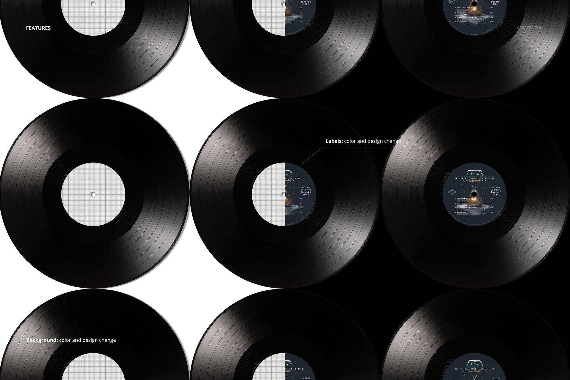 Group of black vinyl records mockup in a grid layout, highlighting editable labels and background color variations.