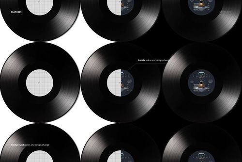 Group of black vinyl records mockup in a grid layout, highlighting editable labels and background color variations.