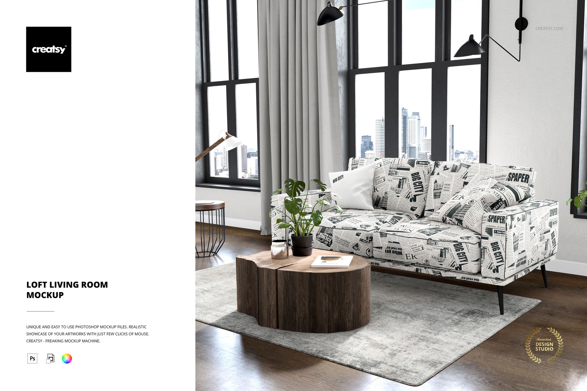 Cozy loft living room mockup featuring a newspaper-print sofa, wood tables, and bright natural light from tall windows.
