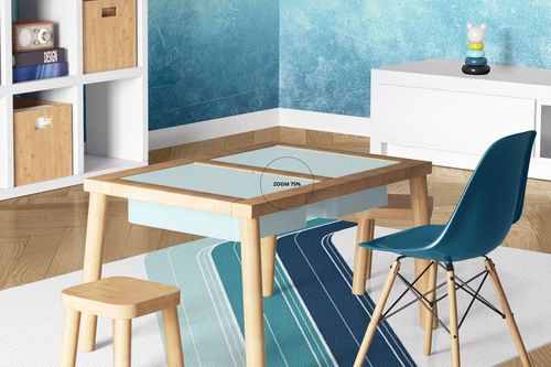 Blue and white patterned carpet mockup in a children's room, featuring wooden furniture and shelving unit.